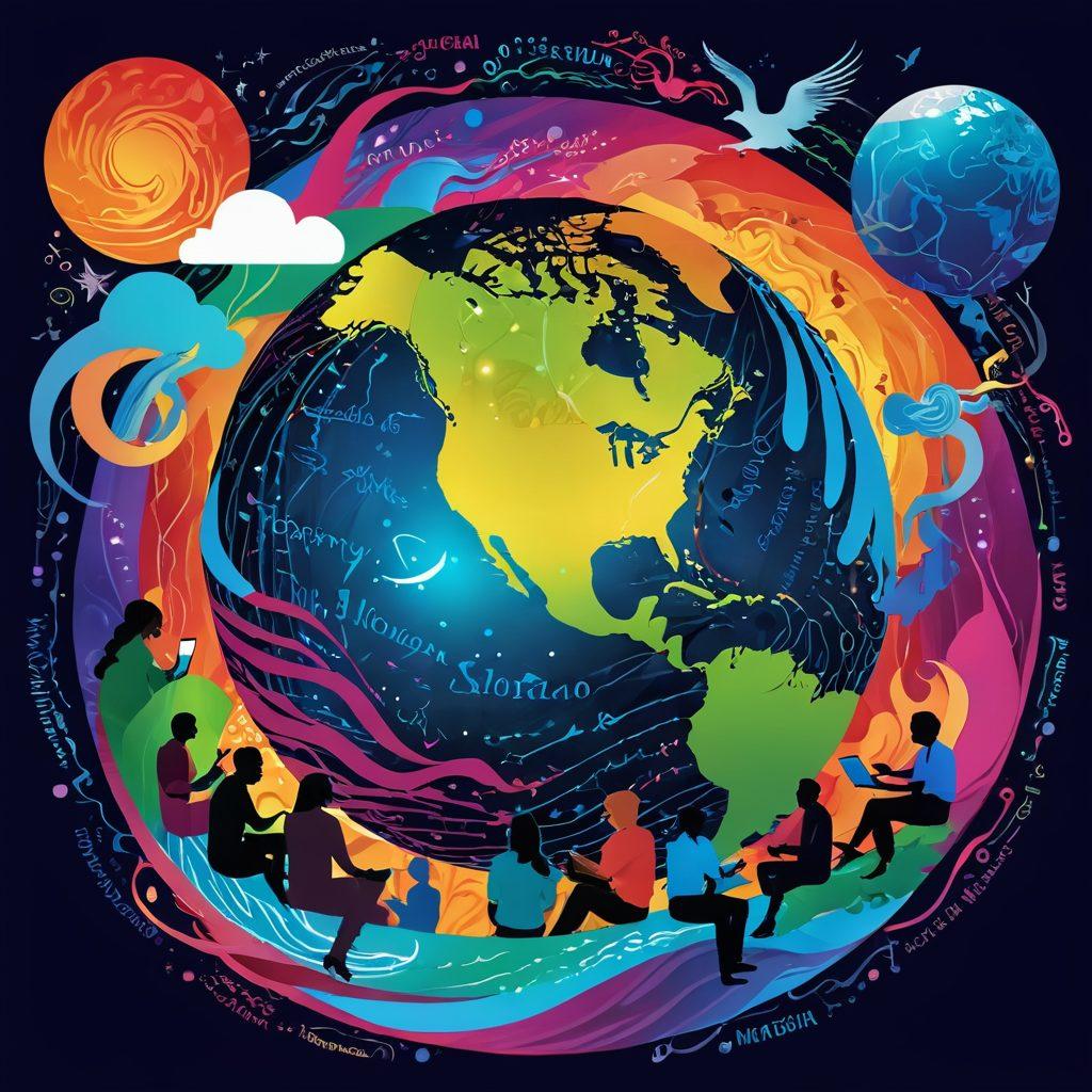 A vibrant digital collage depicting diverse storytellers from around the world, each engaging with their unique medium—writing, podcasting, video, and art. They are surrounded by swirling text, audio waves, and visual elements representing the blogosphere. The background features a glowing globe symbolizing global connectivity and storytelling impact. Incorporate bright, engaging colors to evoke creativity and inspiration. super-realistic. vibrant colors. 3D.