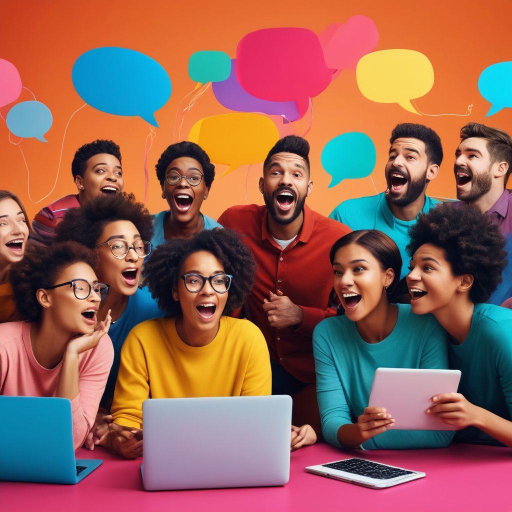 A dynamic scene of a diverse group of individuals passionately sharing their stories in a vibrant digital space, surrounded by colorful visual elements representing creativity and communication like speech bubbles, laptops, and microphones. Emphasize the emotion on their faces as they connect through storytelling, with whimsical flowing lines that represent their narratives intertwining. super-realistic. vibrant colors. 3D.