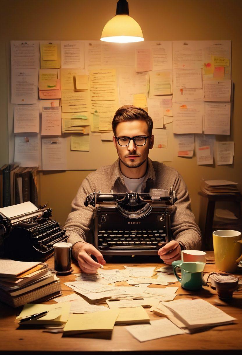 A person sitting at a wooden desk, with a vintage typewriter and a steaming cup of coffee, surrounded by scattered notes and colorful post-it reminders, deep in thought. A softly glowing light bulb hangs overhead, symbolizing creativity and inspiration. In the background, a digital screen displays text transforming into a blog post. cozy, warm lighting. super-realistic. vibrant colors.
